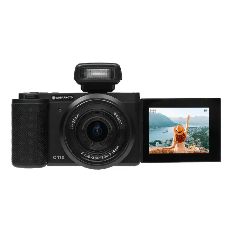 Kompaktiška kamera AgfaPhoto Realishot C110 — 24 MP, 1/3,06 colio CMOS, 3x optinis priartinimas, 4K, Wi‑Fi, 2,8 colio jutiklinis ekranas, juoda