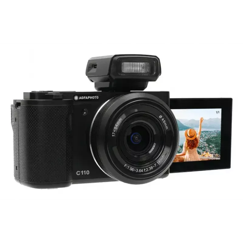 Kompaktiška kamera AgfaPhoto Realishot C110 — 24 MP, 1/3,06 colio CMOS, 3x optinis priartinimas, 4K, Wi‑Fi, 2,8 colio jutiklinis ekranas, juoda