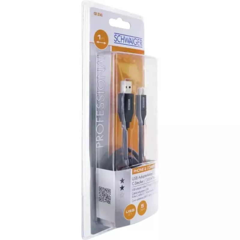 USB laidas Schwaiger CK 3141 USB 3.2 Gen 1 1m USB A USB C juodas