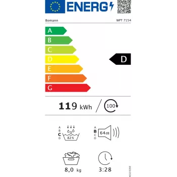BOMANN WPT7154T laisvai pastatoma priekinio įkrovimo skalbinių džiovyklė — šilumos siurblys, 8 kg, juoda/pilka, 64 dB, energijos klasė D