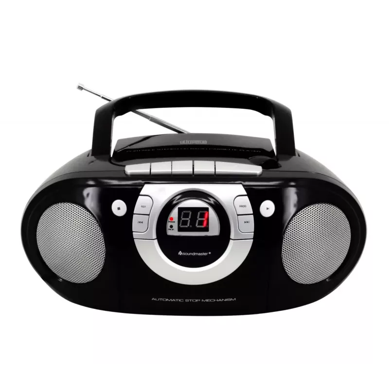 Nešiojama stereosistema Soundmaster SCD5100SW — Analoginis FM imtuvas 87,5–108 MHz, CD/MP3 grotuvas, 1 W RMS, LED ekranas, juoda
