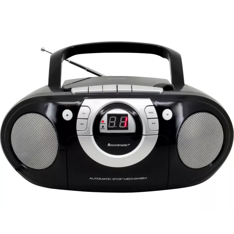 Nešiojama stereosistema Soundmaster SCD5100SW — Analoginis FM imtuvas 87,5–108 MHz, CD/MP3 grotuvas, 1 W RMS, LED ekranas, juoda