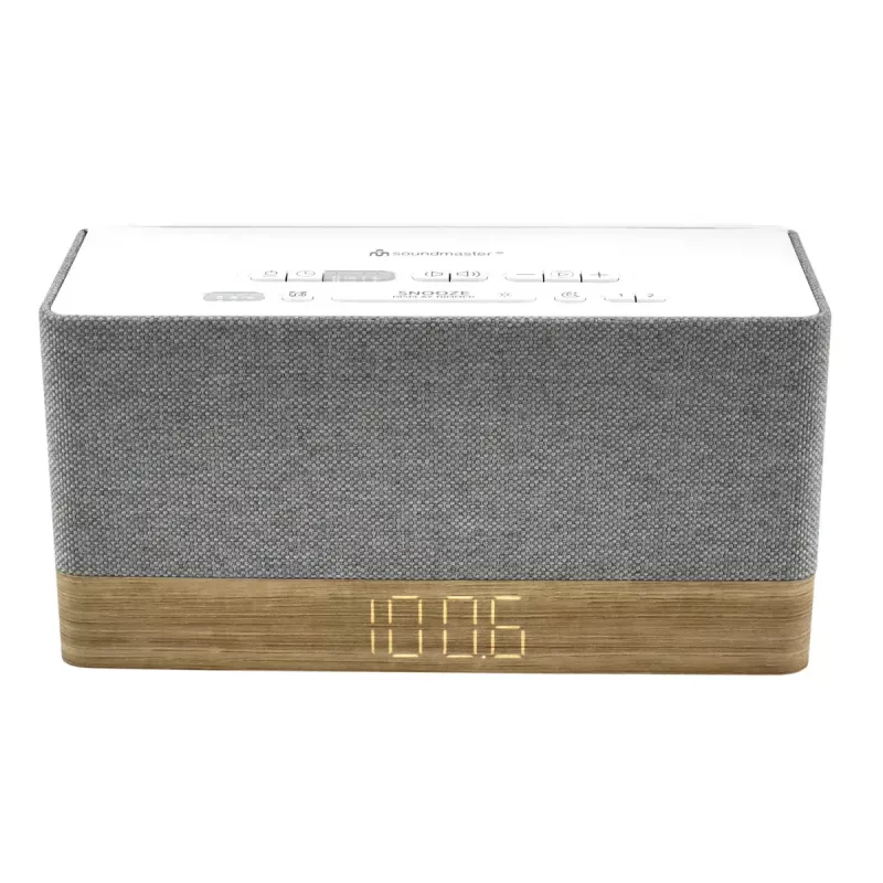 Radijo laikrodis Soundmaster UR630WE — FM/PLL/UKW, 6 W RMS, pilkas/baltas, kintamoji srovė ir AAA baterijomis maitinamas