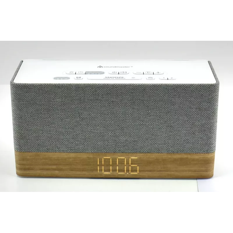 Radijo laikrodis Soundmaster UR630WE — FM/PLL/UKW, 6 W RMS, pilkas/baltas, kintamoji srovė ir AAA baterijomis maitinamas