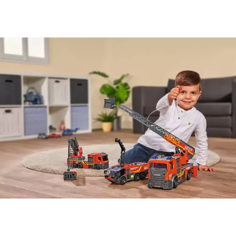 Gaisrinis automobilis Dickie Toys Scania sukamoji kopėčia juoda pilka raudona
