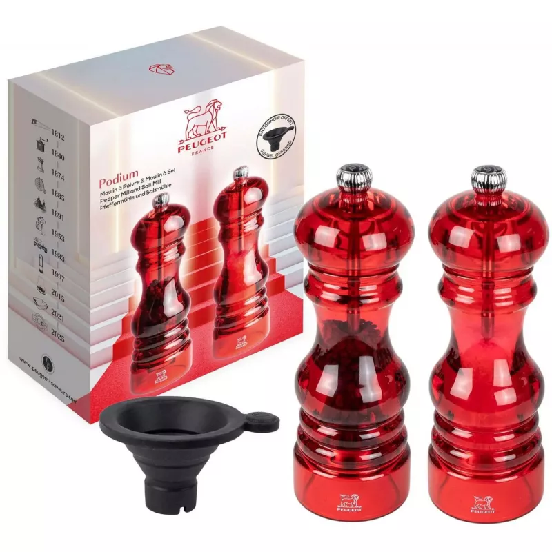 Pipirų ir druskos malūnėlių rinkinys PEUGEOT Podium 18 cm, akrilas, raudonas