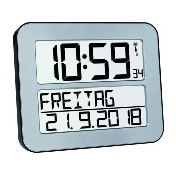 Skaitmeninis žadintuvas TFA 60.4512.54 — stačiakampis sidabrinis, baterija AA, plastikinis korpusas, 30×212×258 mm