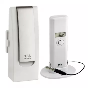 Aplinkos jutiklis TFA WeatherHub išmaniesiems namams belaidis — temperatūra ir drėgmė, Wi‑Fi, kintamoji srovė / baterija (AAA), 40×28×104 mm