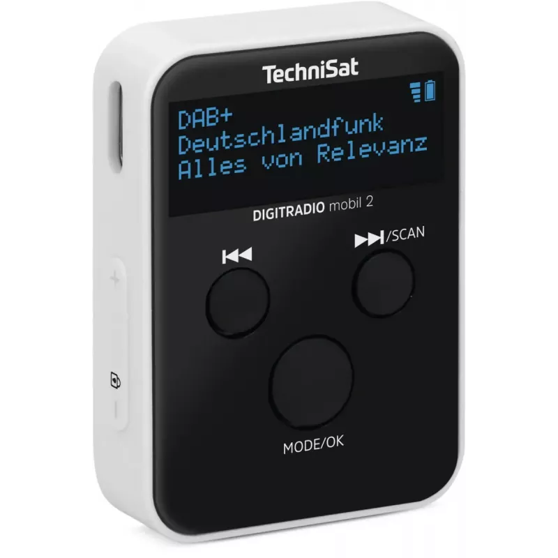 Nešiojamasis radijo imtuvas TECHNISAT DIGITRADIO mobil 2 — DAB+ / FM, OLED 0,91 colio, 3,5 mm, USB-C, ličio jonų 500 mAh, juoda / balta