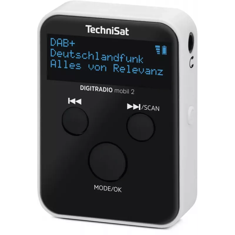 Nešiojamasis radijo imtuvas TECHNISAT DIGITRADIO mobil 2 — DAB+ / FM, OLED 0,91 colio, 3,5 mm, USB-C, ličio jonų 500 mAh, juoda / balta