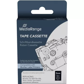 MediaRange plastikinė juostelės kasetė Brother TZ-325 nuolatinis lipnumas 9 mm 8 m balta ant juodo