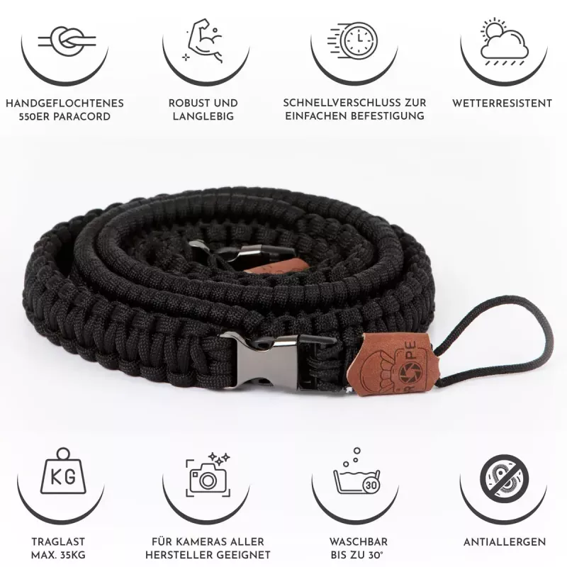 Fotoaparato dirželis JetWorld The Traveler (C-Rope) — nailoninis, juodas, maks. ilgis 100 cm