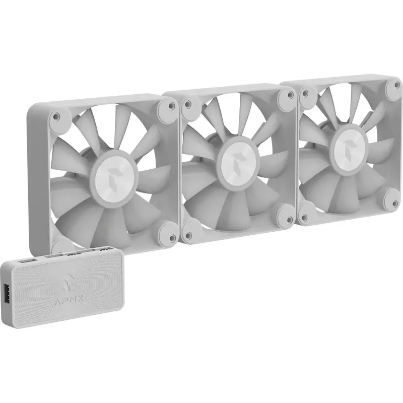 APNX 120 mm korpuso ventiliatoriai 3 vnt. rinkinys — APNX FP1-120 balti, trys 120 mm aušinimo ventiliatoriai