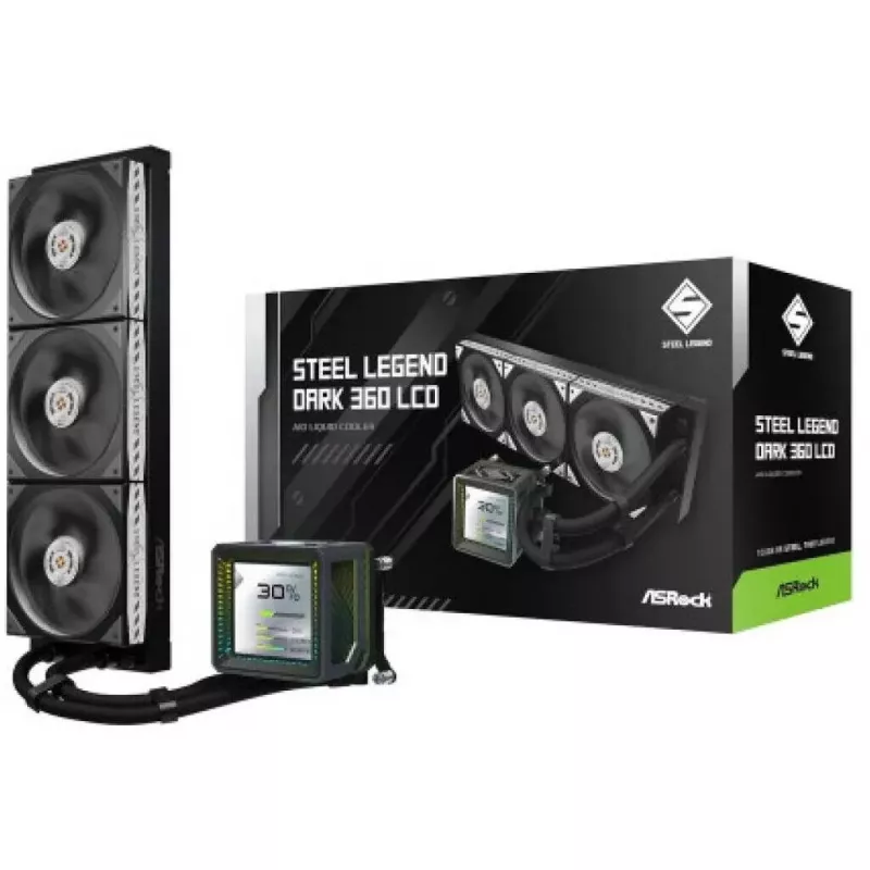 CPU aušintuvas ASROCK Steel Legend Dark 360 LCD — 360 mm AIO skysčio aušintuvas su LCD ekranu