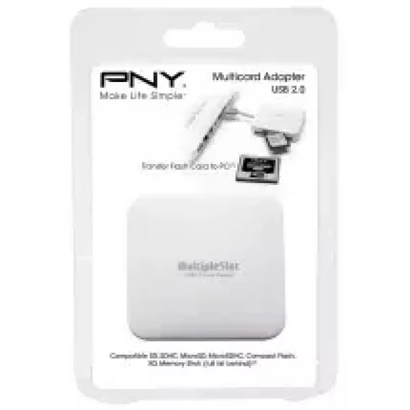 Kortelių skaitytuvas PNY All in One Reader — USB 2.0, 480 Mbit/s, palaiko CF/SD/MicroSD/MS/MiniSD/MMC, baltas, 54×54×13 mm, 29 g