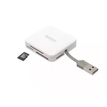 Kortelių skaitytuvas PNY All in One Reader — USB 2.0, 480 Mbit/s, palaiko CF/SD/MicroSD/MS/MiniSD/MMC, baltas, 54×54×13 mm, 29 g