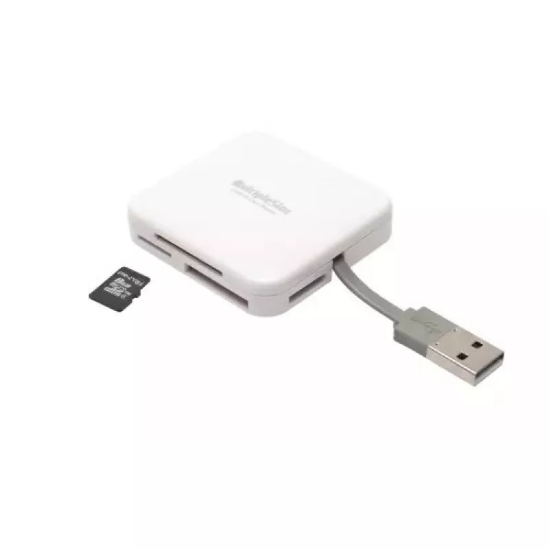 Kortelių skaitytuvas PNY All in One Reader — USB 2.0, 480 Mbit/s, palaiko CF/SD/MicroSD/MS/MiniSD/MMC, baltas, 54×54×13 mm, 29 g