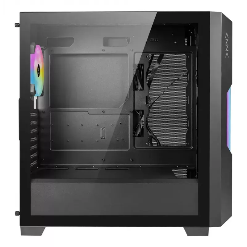 PC korpusas AZZA Guardian Glass Midi Tower — juodas, ATX/Micro‑ATX/ITX/EATX, palaiko 3,5 colio ×2 / 2,5 colio ×4, priekyje 120/140 mm ventiliatoriai