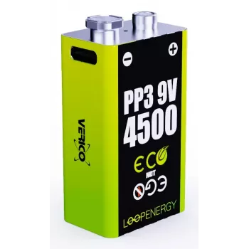 Įkraunamas 9 V baterijų rinkinys VERICO LoopEnergy PP3 4500 — ličio jonų, 2 vnt., 500 mAh, USB‑C įkrovimas