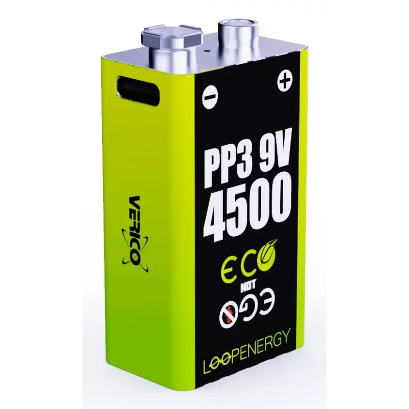 Įkraunamas 9 V baterijų rinkinys VERICO LoopEnergy PP3 4500 — ličio jonų, 2 vnt., 500 mAh, USB‑C įkrovimas