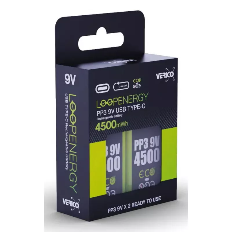 Įkraunamas 9 V baterijų rinkinys VERICO LoopEnergy PP3 4500 — ličio jonų, 2 vnt., 500 mAh, USB‑C įkrovimas