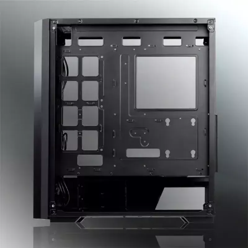PC Midi Tower korpusas RAIJINTEK Ponos MS — juodas, palaiko 120/140 mm priekinius ventiliatorius, 1× 120 mm galinį, HDD 3,5 colio, SSD 2,5 colio, 210×442×485 mm