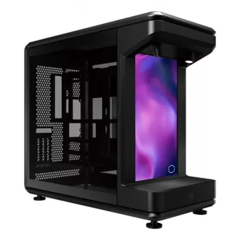 Viso bokšto korpusas Cooler Master MasterFrame 360 STAGE LCD — juoda/permatoma, 15,6 col. (39,6 cm) 1920×1080 LCD, ATX PSU, palaiko 120/140/180/200 mm ventiliatorius, 120–360 mm radiatorius