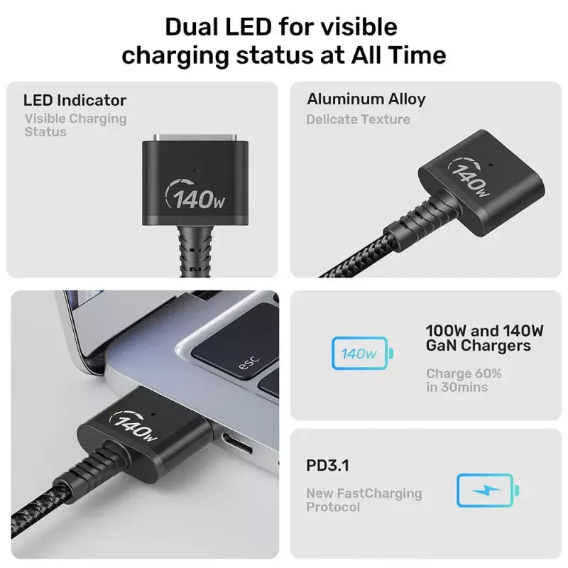Maitinimo kabelis UNITEK C14121BK-1M Juodas MagSafe 3 USB C 1m 28V 5A