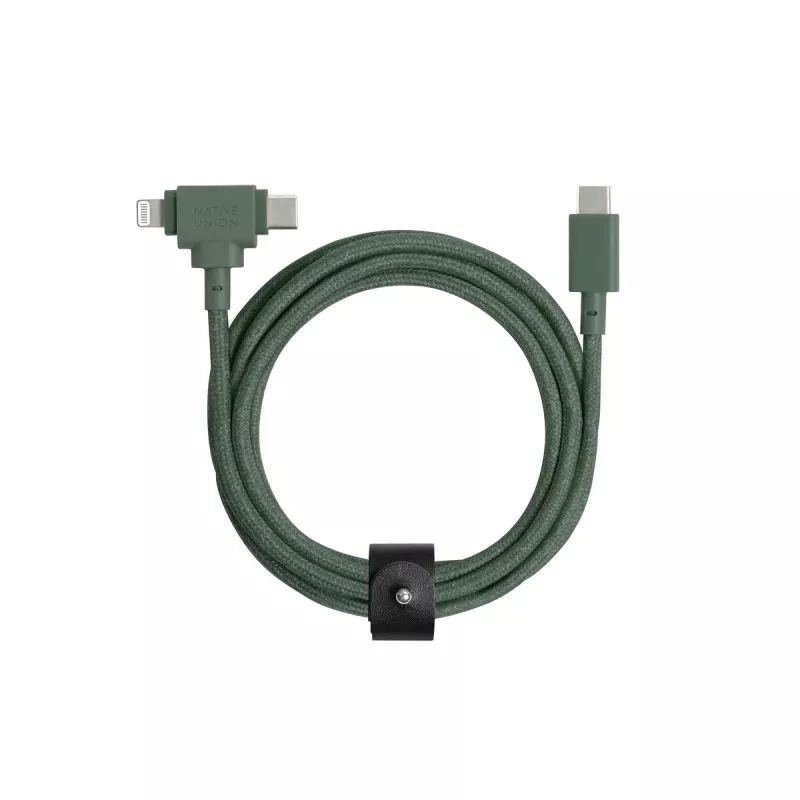 USB-C į USB-C / Lightning laidas Native Union Belt kabelis Duo, 1,5 m, žalias