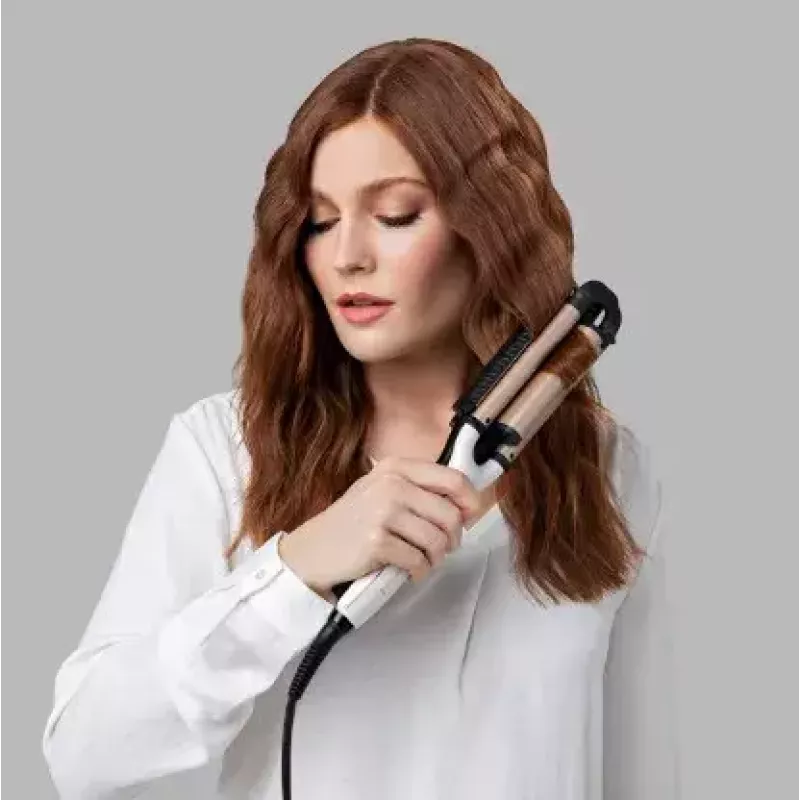 Automatinis lenkiamasis lygintuvas Remington CI91AW — rožinis auksas/juoda, S formos cilindras, keraminė danga, 150–210°C, 3 m sukamas laidas