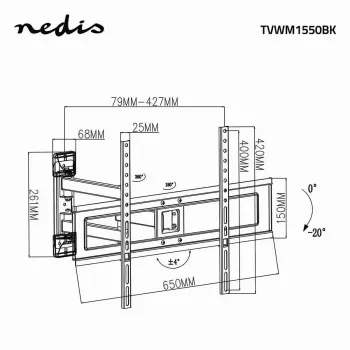 TV laikiklio stovas Nedis TVWM1550BK 94–177,8 cm (37–70 colių) ekranams, maks. VESA 600x400, maks. apkrova 25 kg, juodas