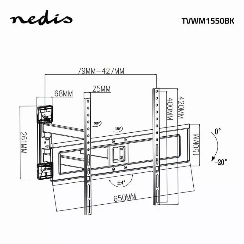 TV laikiklio stovas Nedis TVWM1550BK 94–177,8 cm (37–70 colių) ekranams, maks. VESA 600x400, maks. apkrova 25 kg, juodas