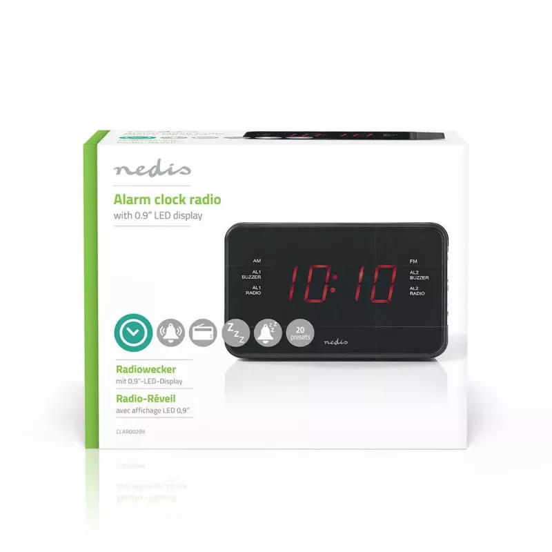 Skaitmeninis žadintuvas Nedis CLAR002BK — LED ekranas, AC 220–240 V, 130×80×70 mm, juodas