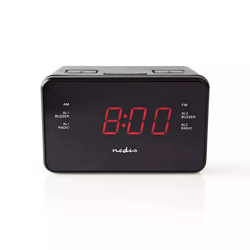Skaitmeninis žadintuvas Nedis CLAR002BK — LED ekranas, AC 220–240 V, 130×80×70 mm, juodas