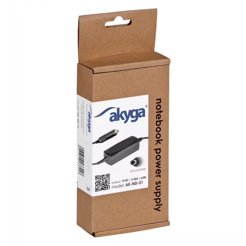 Akyga AK-ND-31 automobilinis maitinimo adapteris Asus / Toshiba nešiojamiesiems kompiuteriams, 65 W, 19 V / 3,42 A, 5,5 x 2,5 mm, 12 V įėjimas