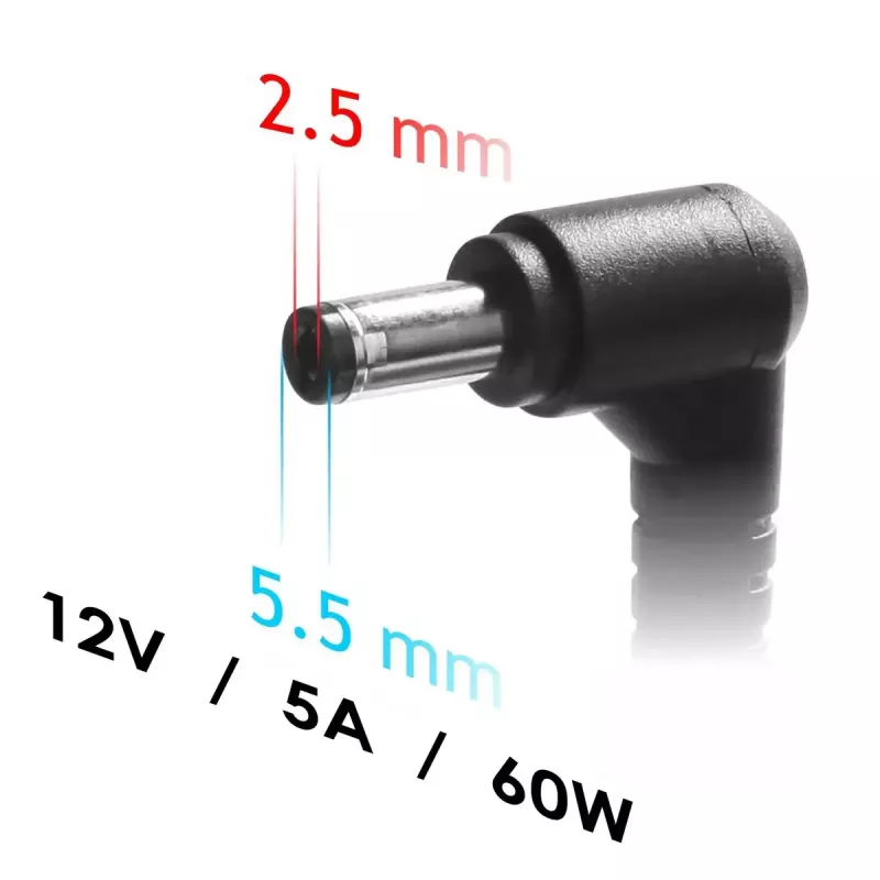 Nešiojamojo kompiuterio įkroviklis Akyga AK-ND-85, vidaus kintamosios srovės adapteris su 100–250 V įvestimi, 12 V 5 A išvestimi, 1,2 m kabeliu, juodas
