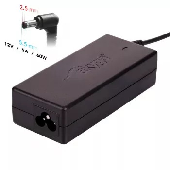 Nešiojamojo kompiuterio įkroviklis Akyga AK-ND-85, vidaus kintamosios srovės adapteris su 100–250 V įvestimi, 12 V 5 A išvestimi, 1,2 m kabeliu, juodas