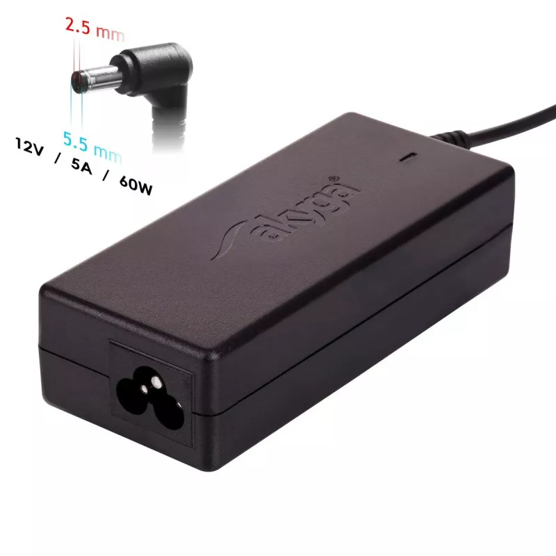 Nešiojamojo kompiuterio įkroviklis Akyga AK-ND-85, vidaus kintamosios srovės adapteris su 100–250 V įvestimi, 12 V 5 A išvestimi, 1,2 m kabeliu, juodas