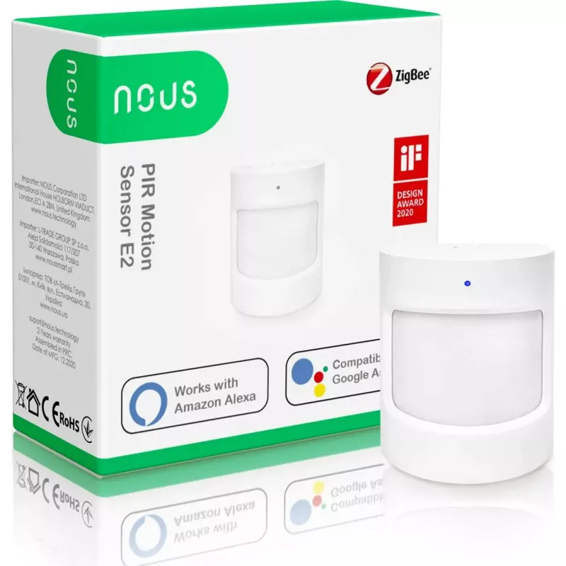 Judesio jutiklis Nous E2 ZigBee PIR, aptikimo nuotolis 8 m, žiūros kampas 120°
