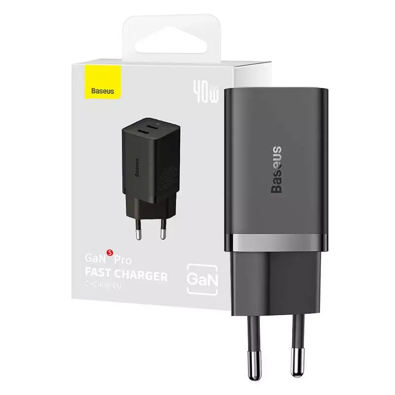 Baseus sieninis įkroviklis GaN5 40W, 2x USB C (Juoda)