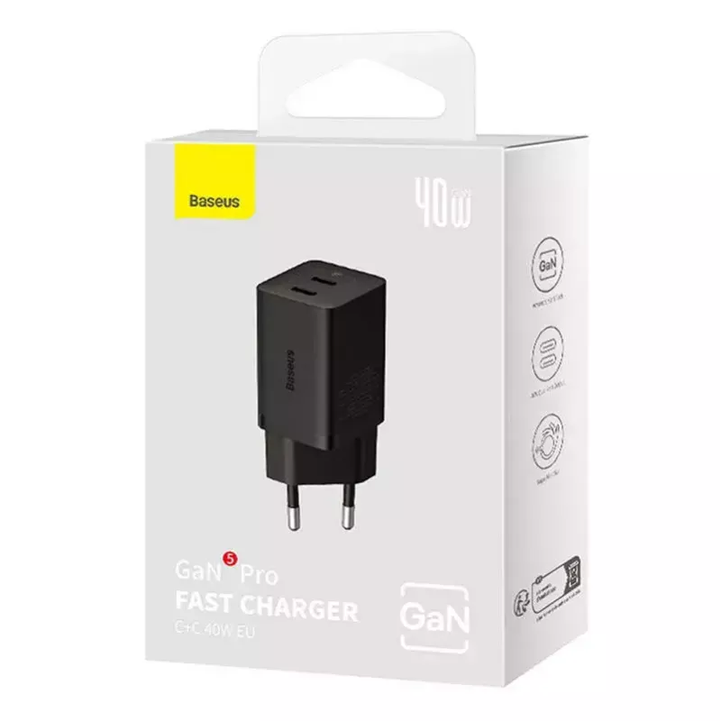 Baseus sieninis įkroviklis GaN5 40W, 2x USB C (Juoda)