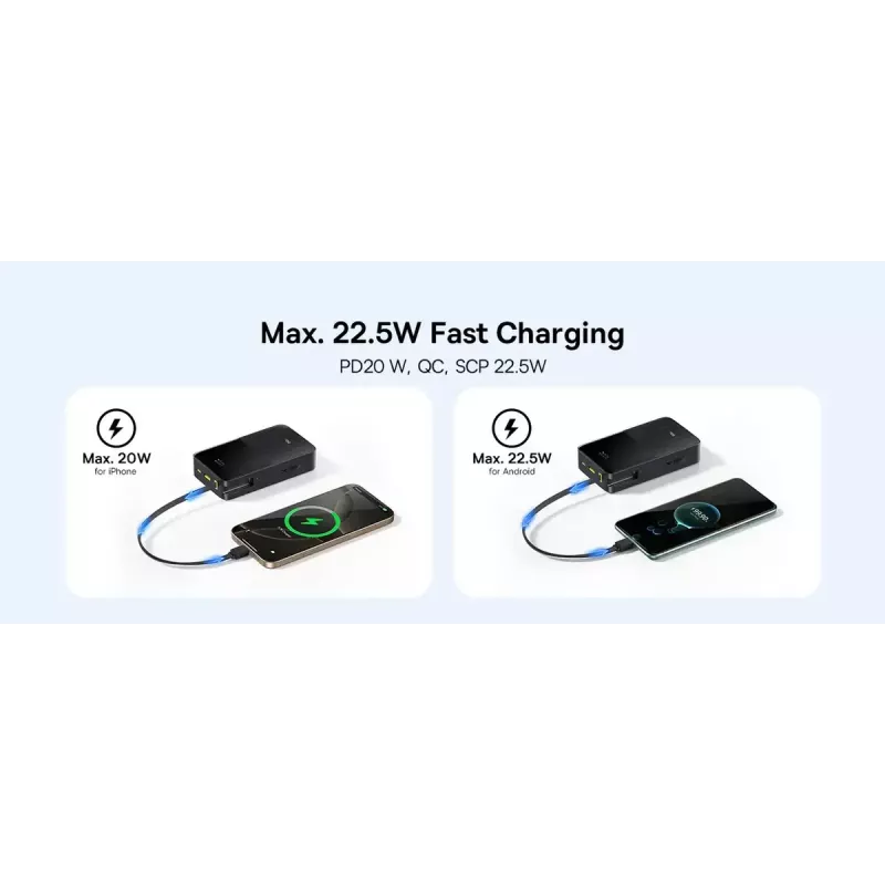 Išorinė baterija Baseus EnerFill Bipow2 Pro — 20000 mAh, PD 3.0 & QC 3.0, 22.5W, 1×USB-A + 1×USB-C, juoda, iki 3 įrenginių