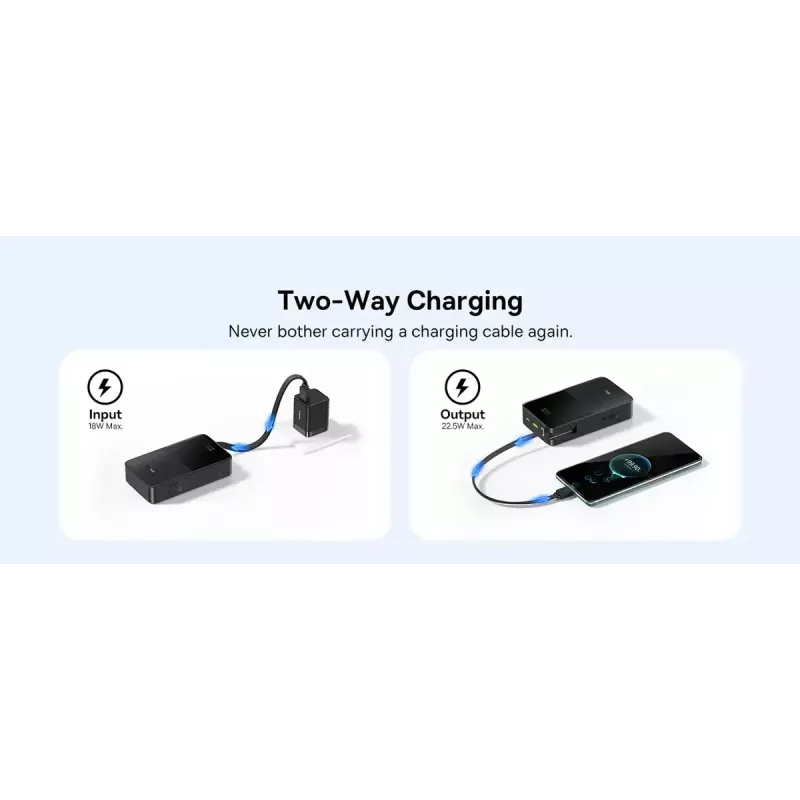 Išorinė baterija Baseus EnerFill Bipow2 Pro — 20000 mAh, PD 3.0 & QC 3.0, 22.5W, 1×USB-A + 1×USB-C, juoda, iki 3 įrenginių