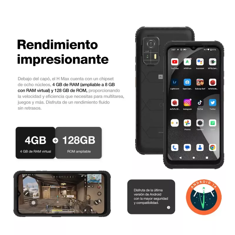 Išmanusis telefonas AGM H Max — 6.56 colio ekranas, Android 14, 4 GB RAM, 256 GB, Dual SIM, 10000 mAh, IP68, juoda