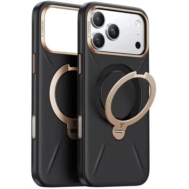 Telefono dėklas Torras Ostand Spin Vegskin Series, skirtas „iPhone 17 Pro Max“, juodas