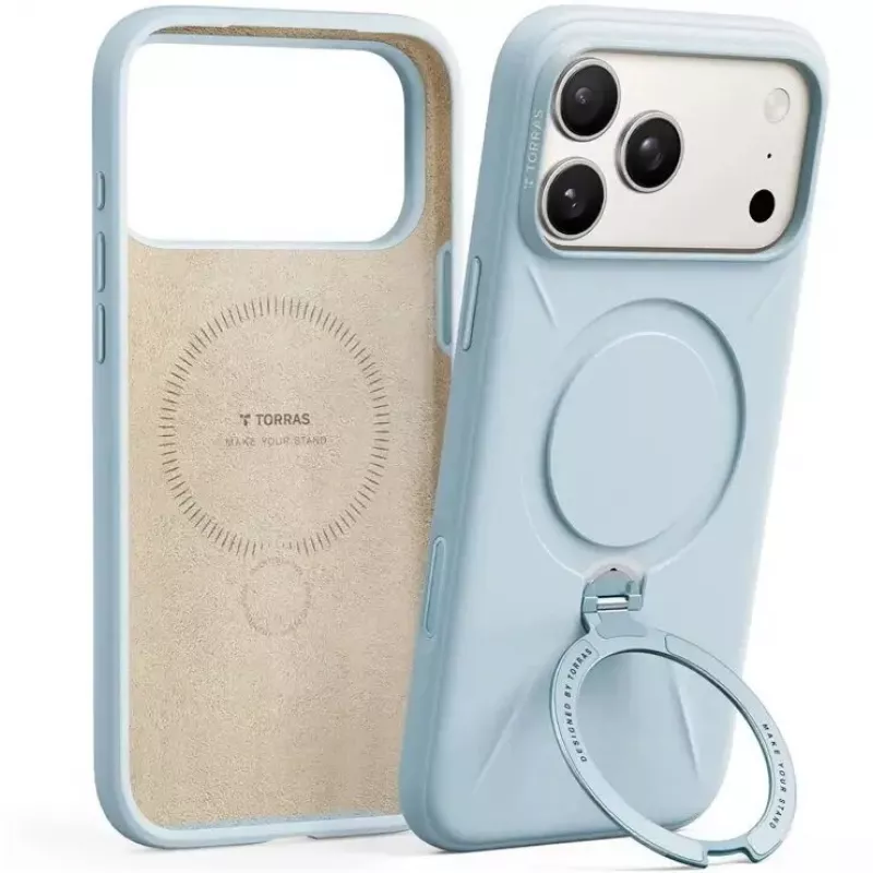 Telefono dėklas Torras Ostand Spin Softune Series, skirtas iPhone 17 Pro, Baby Blue spalvos