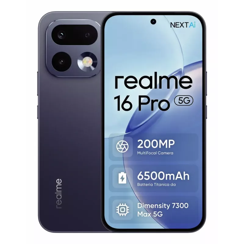 Išmanusis telefonas REALME 16 PRO — 6,8 col. (17,3 cm) 5G, MediaTek Dimensity, 8 GB RAM, 256 GB, 200 MP dviguba kamera, 6500 mAh, pilka