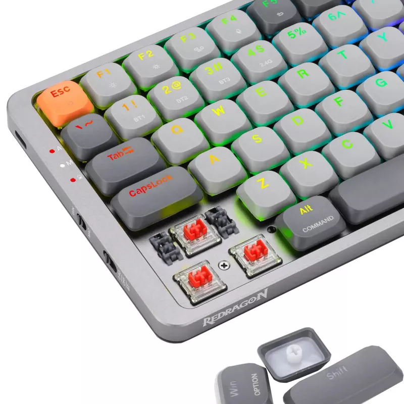 Mechaninė klaviatūra REDRAGON K652GG-RGB-PRO laidinė belaidė Bluetooth pilka
