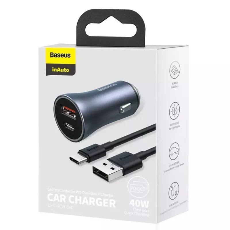 Automobilinis kroviklis Baseus TZCCJD-0G 40W tamsiai pilkas — USB transporto priemonės maitinimo adapteris, 40W išvestis