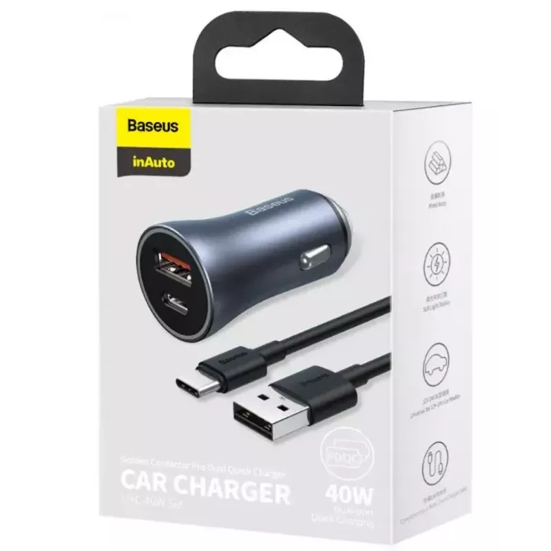 Automobilinis kroviklis Baseus TZCCJD-0G 40W tamsiai pilkas — USB transporto priemonės maitinimo adapteris, 40W išvestis